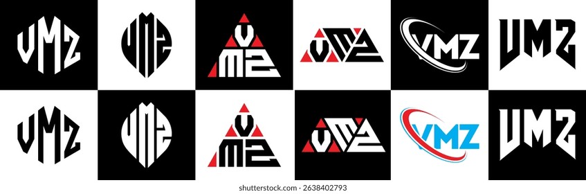 VMZ letter logo design in six style. VMZ polygon, circle, triangle, hexagon, flat and simple style with black and white color variation letter logo set in one artboard. VMZ minimalist and classic logo