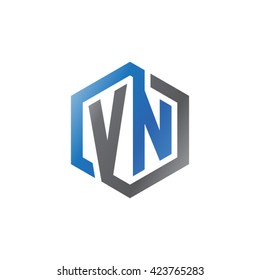 VN initial letters looping linked hexagon logo black gray blue