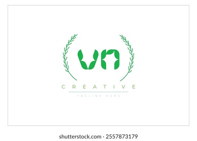 VN letters eco logo with leaf. Fresh nature and healthy leaf logo design.