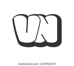 VN logo, bubble comic lettering, rounded in graffiti style black and white silhouette. Trendy preschool V and N letter text for festival party, personal initials, children funky print and web. Vector