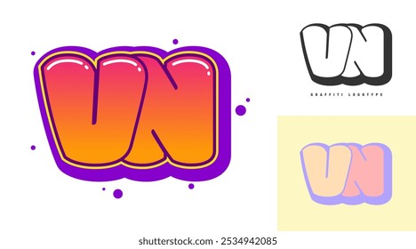 VN logo design for festival or party. Initial letter v and n in graffiti style. Creative modern lettering company name of font typography. Kids trendy logotype or identity. Vector illustration.