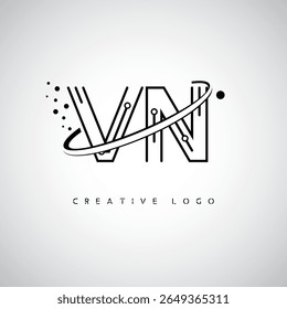 Logotipo de Monograma de Órbita VN - Marca de Letra Mínima Futurista com Linha de Arte Circular, Pontos Inspirados na Tecnologia e Conceito de Movimento Espacial para Identidade de Marca Moderna