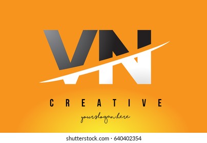 VN V N Letter Modern Logo Design with Swoosh Cutting the Middle Letters and Yellow Background.
