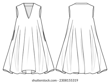 V-Neck A-Line Tent Flared Dress  Front and Back View. Fashion Illustration, Vector, CAD, Technical Drawing, Flat Drawing, Template, Mockup.	