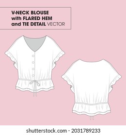 V-neck Blouse with Flared Hem and Tie Detail Fashion Vector