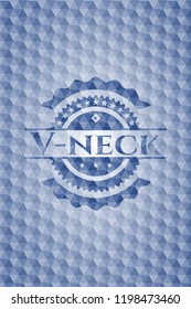 V-neck blue badge with geometric pattern.