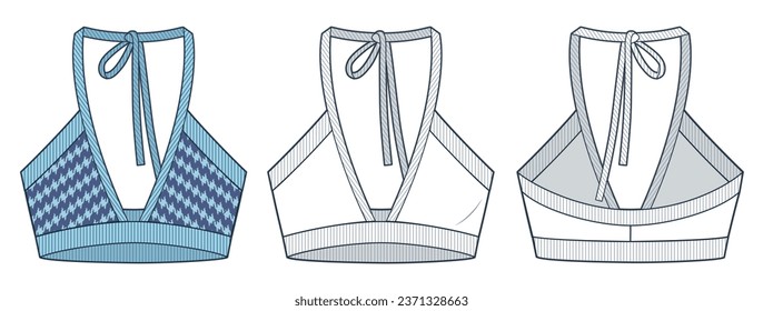 V-neck Bra technical fashion illustration, blue design. Tie Top fashion flat technical drawing template, front and back view, white, women CAD mockup set.