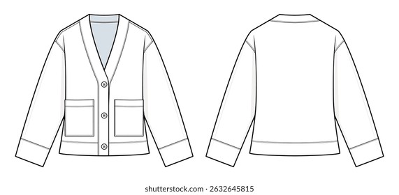 V-Neck Buttoned Cardigan Jacket Technical Fashion Illustration. Long Sleeve Patch Pocket Cardigan Vector Template. Relaxed Fit. Front and Back View. Minimalist Outerwear. Women’s Wear. CAD Mockup set.