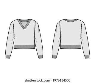 V-neck cropped Sweater technical fashion illustration with long sleeves, relax fit, waist length, knit rib trim. Flat jumper apparel front, back, grey color style. Women, men unisex CAD mockup