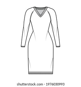 V-neck dress Sweater technical fashion illustration with long raglan sleeves, slim fit, knee length, knit rib trim. Flat jumper apparel front, white color style. Women, men unisex CAD mockup