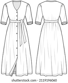 V-Neck Full Placket Short Sleeve Front Tie Midi Dress Front and Back View. Fashion Illustration, Vector, CAD, Technical Drawing, Flat Drawing.	