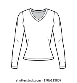 V-neck jersey sweater technical fashion illustration with long sleeves, close-fitting shape. Flat outwear apparel template front, white color. Women men, unisex shirt top CAD mockup