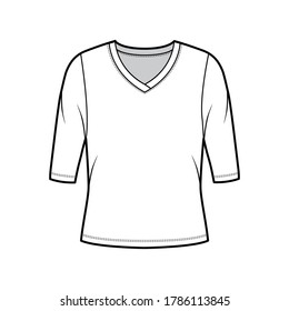 V-neck jersey sweater technical fashion illustration with elbow sleeves, oversized body. Flat outwear apparel template front, white color. Women, men unisex shirt top CAD mockup