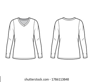 V-neck jersey sweater technical fashion illustration with long sleeves, oversized body, tunic length. Flat outwear apparel template front back white color. Women men unisex shirt top CAD mockup