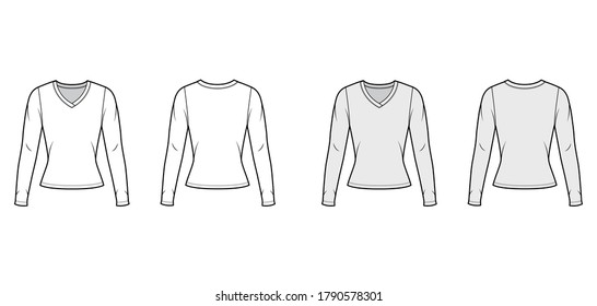 V-neck jersey sweater technical fashion illustration with long sleeves, close-fitting shape. Flat outwear apparel template front, back white grey color. Women men, unisex shirt top CAD mockup