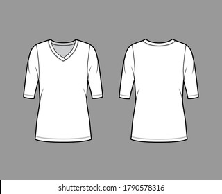 V-neck jersey sweater technical fashion illustration with elbow sleeves, oversized body, tunic length. Flat outwear apparel template front, back white color. Women, men unisex shirt top CAD mockup