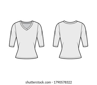 V-neck jersey sweater technical fashion illustration with elbow sleeves, close-fitting shape. Flat outwear apparel template front back grey color. Women, men unisex shirt top CAD mockup