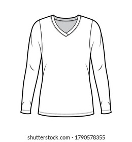 V-neck jersey sweater technical fashion illustration with long sleeves, oversized body, tunic length. Flat outwear apparel template front white color. Women men unisex shirt top CAD mockup