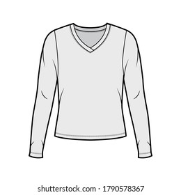 V-neck jersey sweater technical fashion illustration with long sleeves, oversized body. Flat outwear apparel template front grey color. Women men unisex shirt top CAD mockup