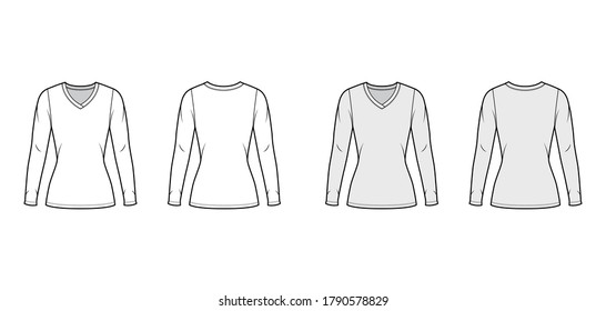 V-neck jersey sweater technical fashion illustration with long sleeves, close-fitting shape, tunic length. Flat outwear apparel template front back white grey color. Women men unisex shirt top mockup