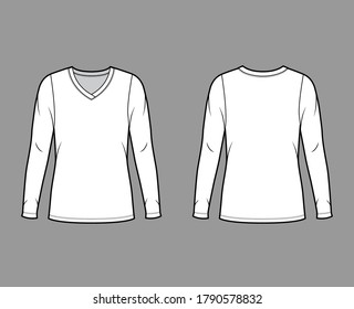 V-neck jersey sweater technical fashion illustration with long sleeves, oversized body, tunic length. Flat outwear apparel template front back white color. Women men unisex shirt top CAD mockup