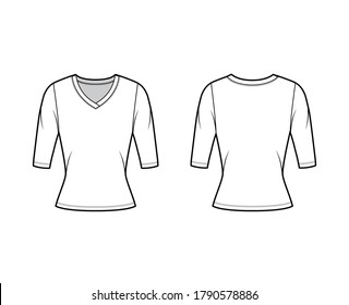 V-neck jersey sweater technical fashion illustration with elbow sleeves, close-fitting shape. Flat outwear apparel template front back white color. Women, men unisex shirt top CAD mockup