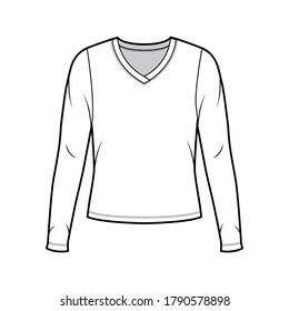 V-neck jersey sweater technical fashion illustration with long sleeves, oversized body. Flat outwear apparel template front white color. Women men unisex shirt top CAD mockup