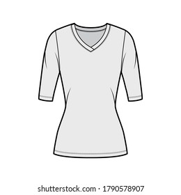 V-neck jersey sweater technical fashion illustration with elbow sleeves, close-fitting shape, tunic length. Flat outwear apparel template front grey color. Women men unisex top CAD mockup