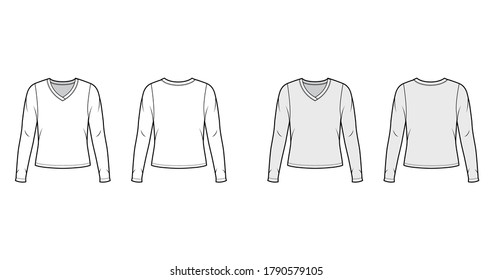 V-neck jersey sweater technical fashion illustration with long sleeves, oversized body. Flat outwear apparel template front back white grey color. Women men unisex shirt top CAD mockup