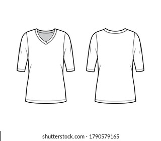 V-neck jersey sweater technical fashion illustration with elbow sleeves, oversized body, tunic length. Flat outwear apparel template front, back white color. Women, men unisex shirt top CAD mockup