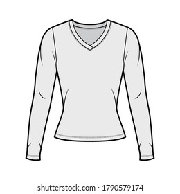 V-neck jersey sweater technical fashion illustration with long sleeves, close-fitting shape. Flat outwear apparel template front, grey color. Women men, unisex shirt top CAD mockup