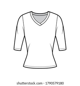 V-neck jersey sweater technical fashion illustration with elbow sleeves, close-fitting shape. Flat outwear apparel template front white color. Women, men unisex shirt top CAD mockup