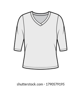 V-neck jersey sweater technical fashion illustration with elbow sleeves, oversized body. Flat outwear apparel template front, grey color. Women, men unisex shirt top CAD mockup