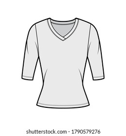 V-neck jersey sweater technical fashion illustration with elbow sleeves, close-fitting shape. Flat outwear apparel template front grey color. Women, men unisex shirt top CAD mockup