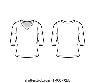 V-neck jersey sweater technical fashion illustration with elbow sleeves, oversized body. Flat outwear apparel template front, back white color. Women, men unisex shirt top CAD mockup