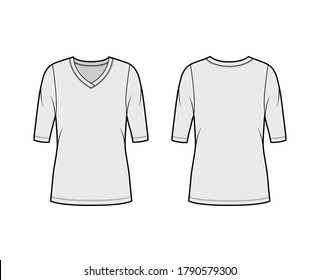 V-neck jersey sweater technical fashion illustration with elbow sleeves, oversized body, tunic length. Flat outwear apparel template front, back grey color. Women, men unisex shirt top CAD mockup