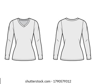 V-neck jersey sweater technical fashion illustration with long sleeves, close-fitting shape, tunic length. Flat outwear apparel template front back grey color. Women men unisex shirt top CAD mockup