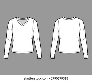 V-neck jersey sweater technical fashion illustration with long sleeves, oversized body. Flat outwear apparel template front back white color. Women men unisex shirt top CAD mockup