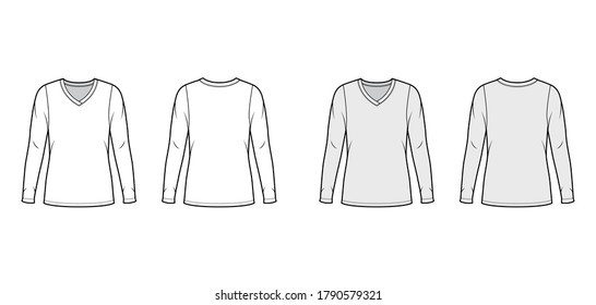 V-neck jersey sweater technical fashion illustration with long sleeves, oversized body, tunic length. Flat outwear apparel template front back white grey color. Women men unisex shirt top CAD mockup