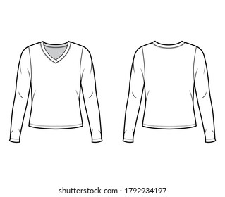 V-neck jersey sweater technical fashion illustration with long sleeves, oversized body. Flat outwear apparel template front back white color. Women men unisex shirt top CAD mockup