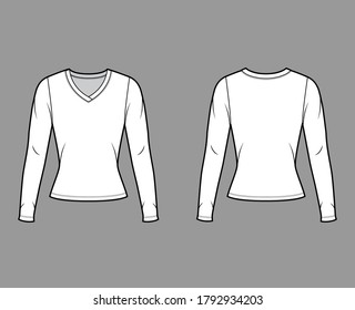 V-neck jersey sweater technical fashion illustration with long sleeves, close-fitting shape. Flat outwear apparel template front, back white color. Women men, unisex shirt top CAD mockup