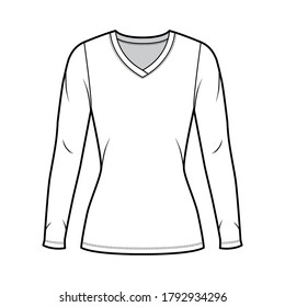 V-neck jersey sweater technical fashion illustration with long sleeves, close-fitting shape, tunic length. Flat outwear apparel template front white color. Women men unisex shirt top CAD mockup
