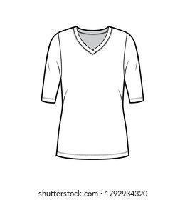 V-neck jersey sweater technical fashion illustration with elbow sleeves, oversized body, tunic length. Flat outwear apparel template front, white color. Women, men unisex shirt top CAD mockup