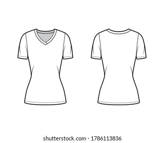 V-neck jersey t-shirt technical fashion illustration with short sleeves, tunic length. Flat sweater apparel template front, back white color. Women, men, unisex outwear top CAD mockup