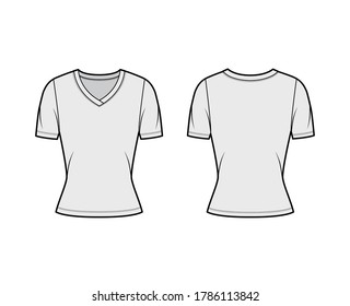 V-neck jersey t-shirt technical fashion illustration with short sleeves, close-fitting shape. Flat sweater apparel template front, back grey color. Women, men, unisex outwear top CAD mockup