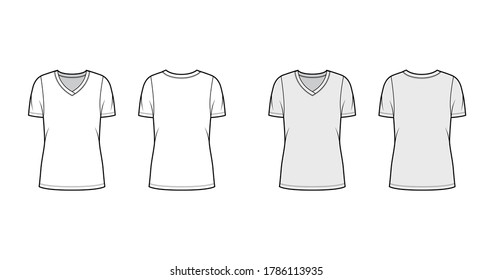 V-neck jersey t-shirt technical fashion illustration with short sleeves, oversized body tunic length. Flat sweater apparel template front back white grey color. Women men unisex outwear top CAD mockup