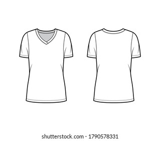 V-neck jersey t-shirt technical fashion illustration with short sleeves, oversized body tunic length. Flat sweater apparel template front back white color. Women men unisex outwear top CAD mockup