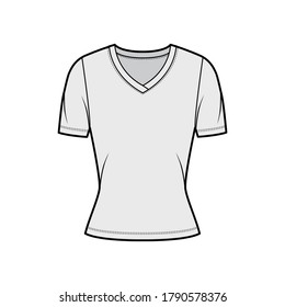 V-neck jersey t-shirt technical fashion illustration with short sleeves, close-fitting shape. Flat sweater apparel template front, grey color. Women, men, unisex outwear top CAD mockup