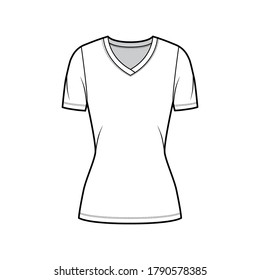 V-neck jersey t-shirt technical fashion illustration with short sleeves, tunic length. Flat sweater apparel template front, white color. Women, men, unisex outwear top CAD mockup