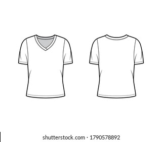 V-neck jersey t-shirt technical fashion illustration with short rib sleeves, oversized body. Flat sweater apparel template front, back white color. Women, men unisex outwear top CAD mockup